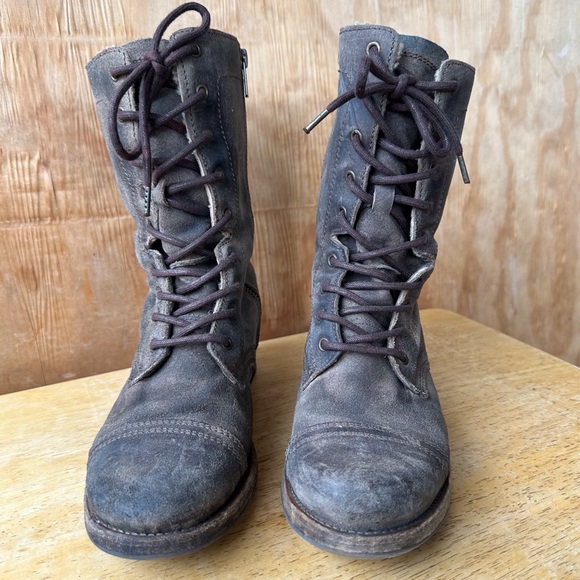 All Saints Spitalfields Gray Brown Combat Moto Lace Up Side Zip Distressed Boot - Picture 2 of 15